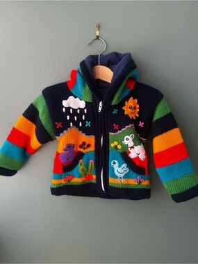 Kids Peru Zip-Up Hooded Sweater with Colorful handmade Animal